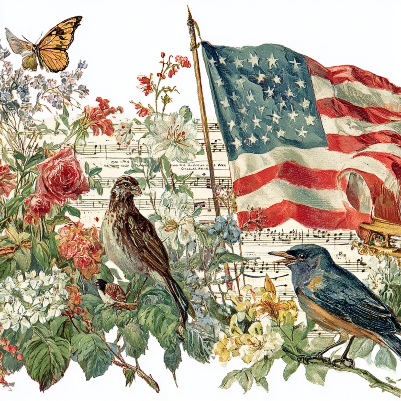 American flag, music, birds